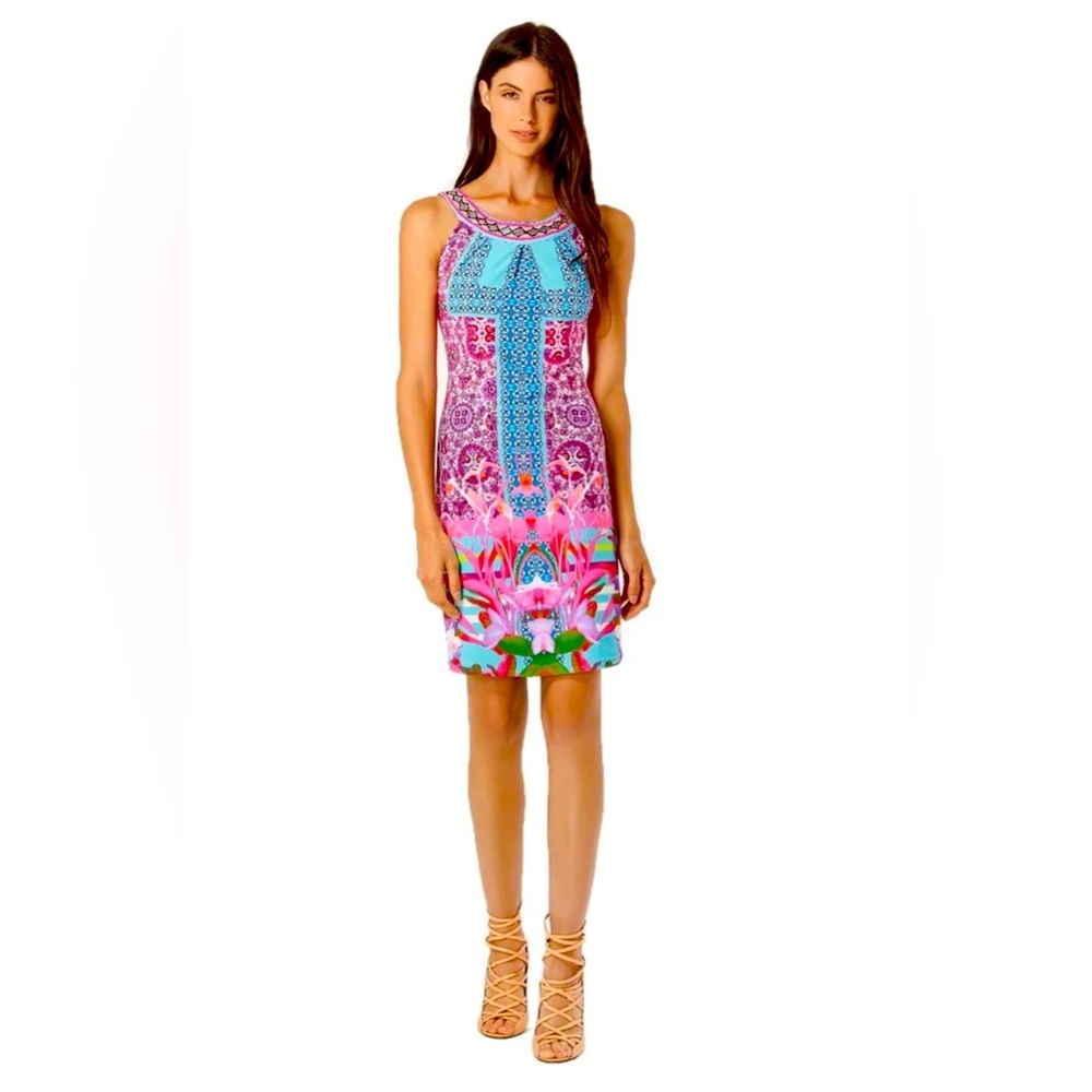 HALE BOB WOMEN'S CREWNECK JERSEY DRESS HAND BEADED NECK CORAL XX-SMALL MSRP235